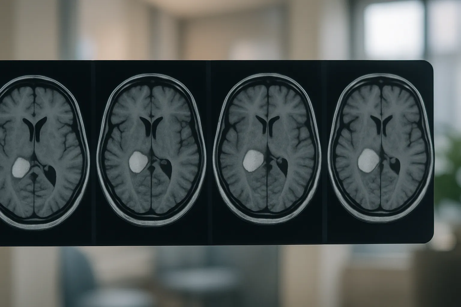Comparação Visual de Crescimento Tumoral em Exames Seriados Detalhe macro de comparação de exames de imagem mostrando progressão lenta de tumor ao longo do tempo em sequência horizontal
