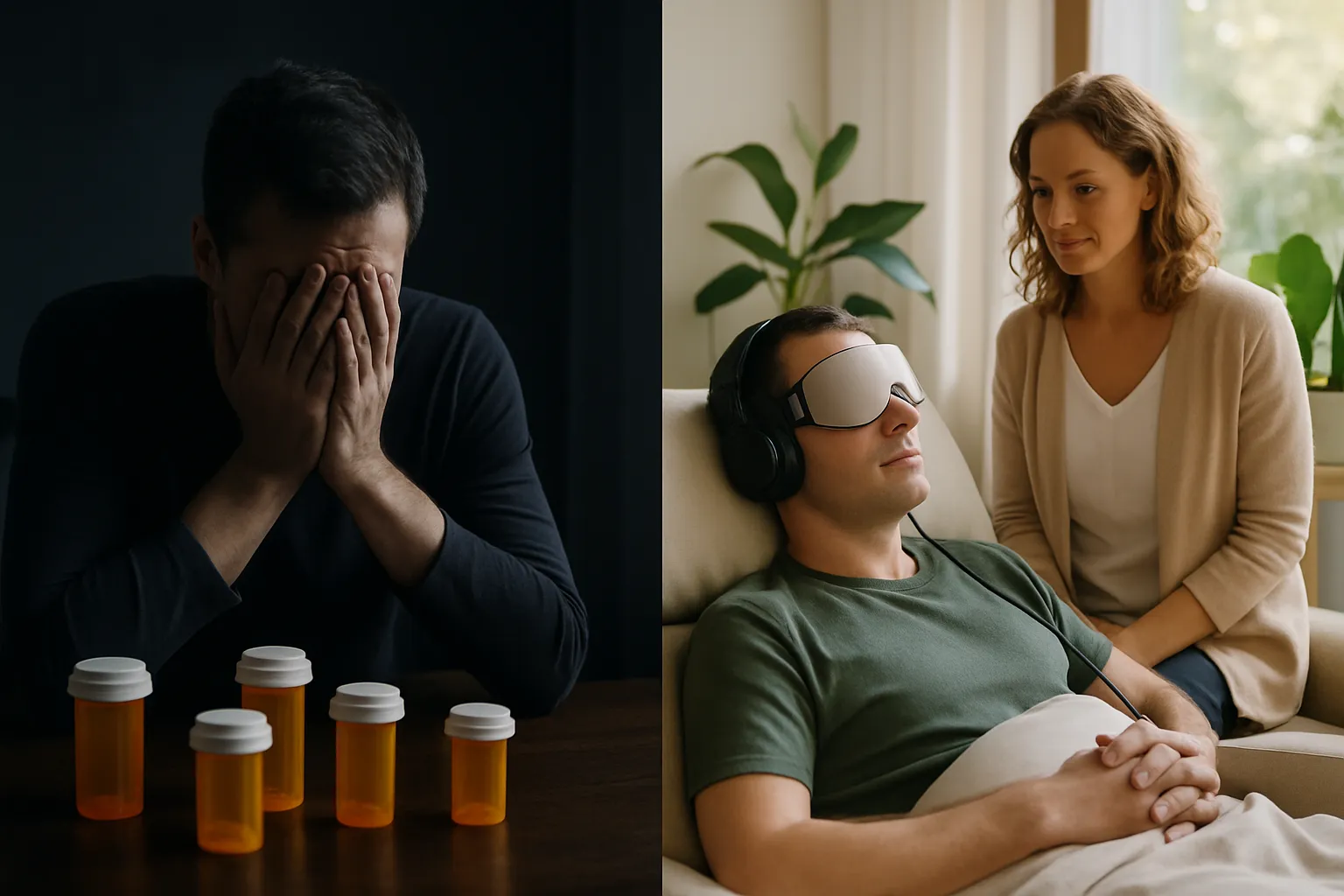 Comparação visual mostrando a diferença entre depressão resistente a tratamentos convencionais e a resposta supervisionada a terapias avançadas em ambiente clínico especializado