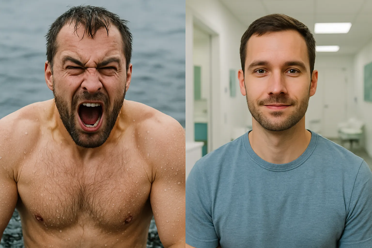Comparação visual mostrando a diferença entre o efeito imediato da imersão em água fria e horas depois, ilustrando a duração real dos efeitos sobre catecolaminas