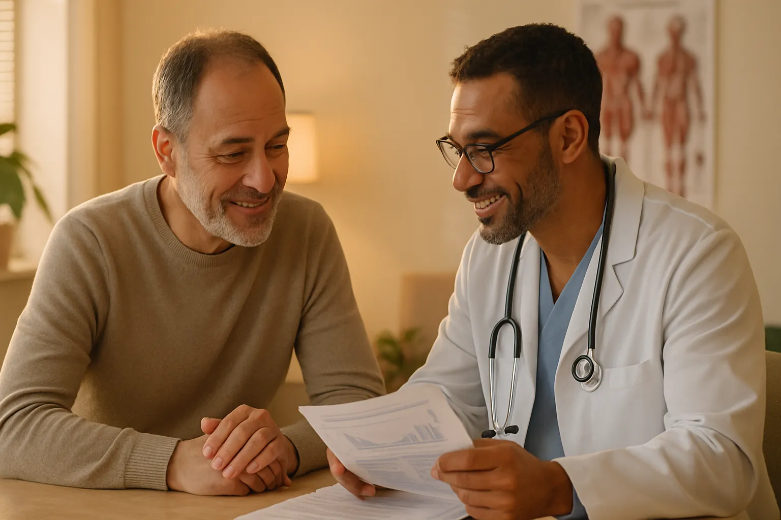 Paciente de meia-idade e médico em conversa colaborativa sobre resultados de PSA, demonstrando decisão compartilhada sobre investigação prostática