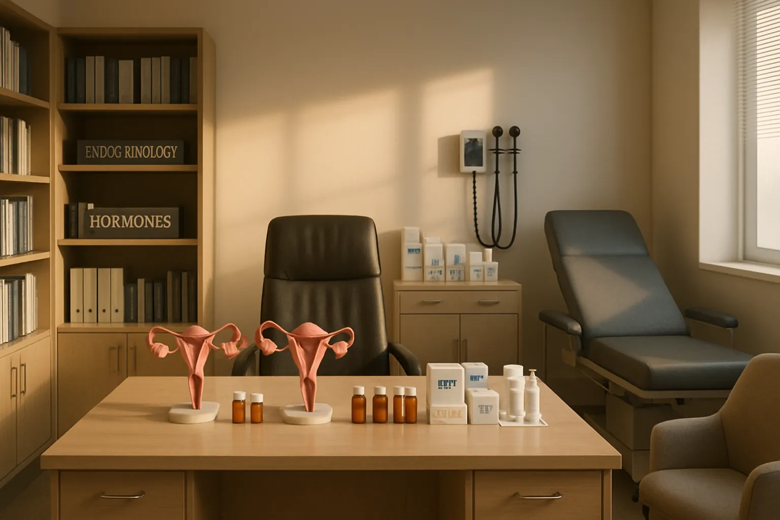 Consulta Especializada em Saúde Hormonal Feminina Sala de consulta especializada em saúde hormonal com materiais de referência em endocrinologia, opções de terapia de reposição hormonal e modelos educacionais de saúde reprodutiva