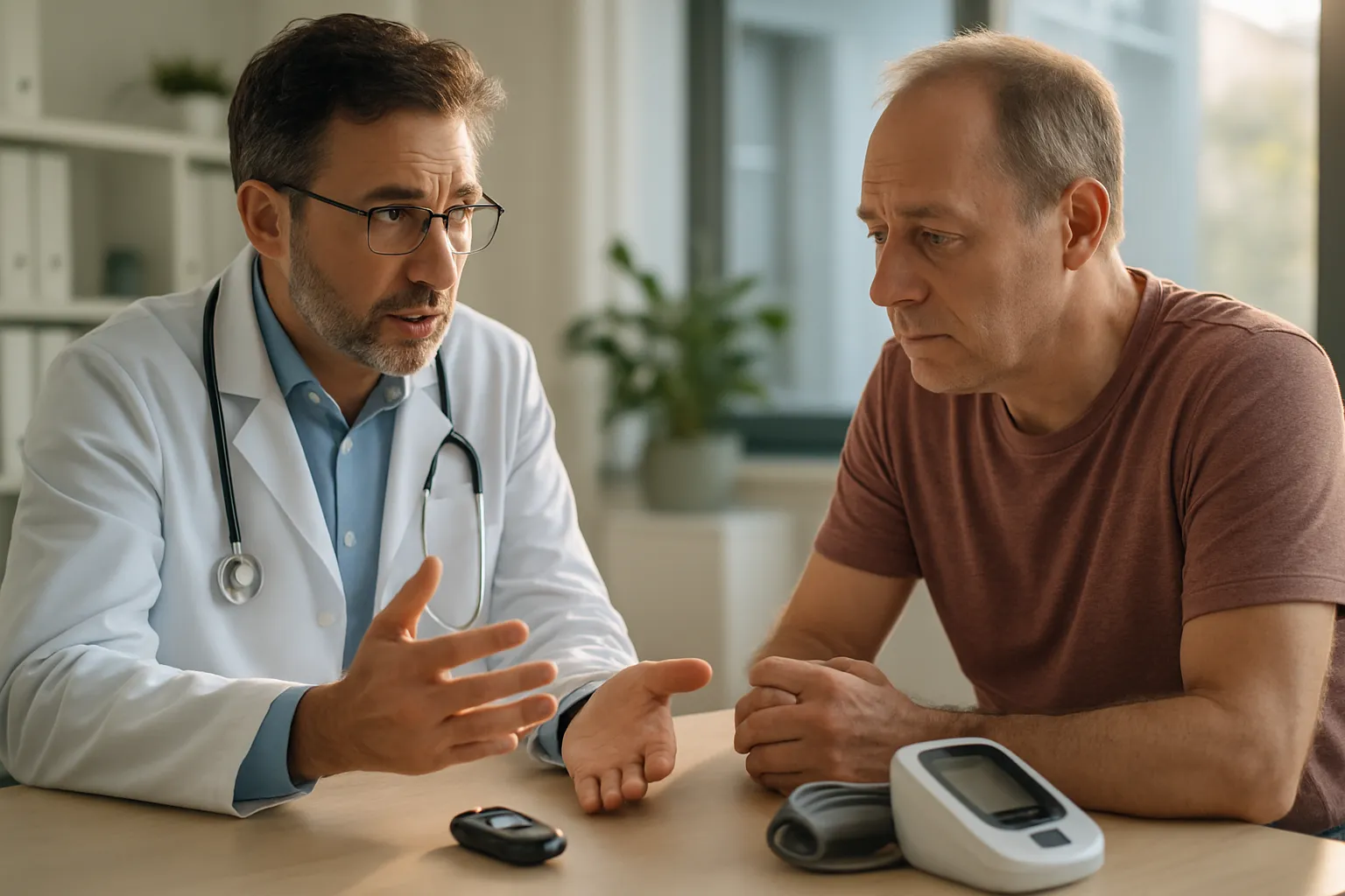 Médico especialista supervisionando paciente durante protocolo de jejum prolongado, com equipamentos de monitoramento metabólico, enfatizando a importância do acompanhamento profissional