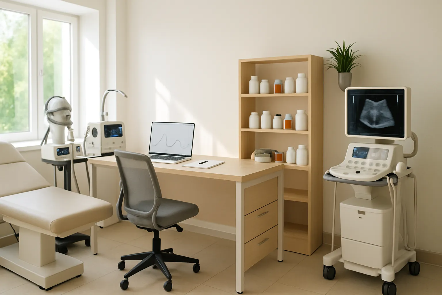Ambiente de consultório endocrinológico equipado com ferramentas de avaliação abrangente incluindo dispositivos de monitoramento do sono, suplementos nutricionais e equipamentos para exame de tireoide