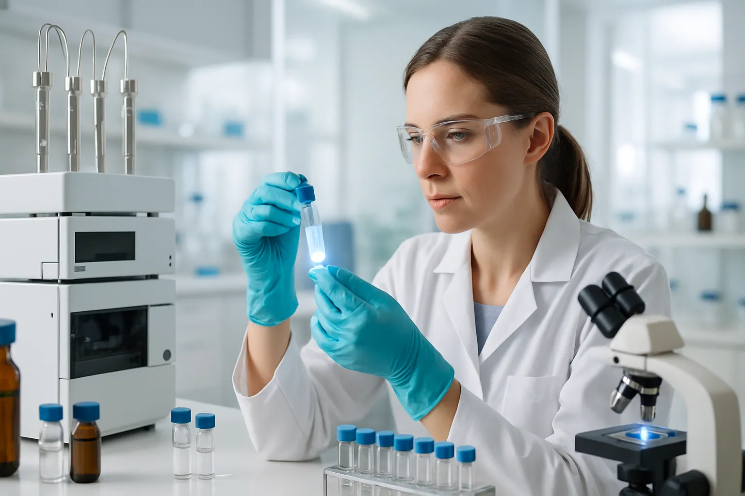 Laboratório de controle de qualidade realizando análise de pureza e contaminação em peptídeos manipulados