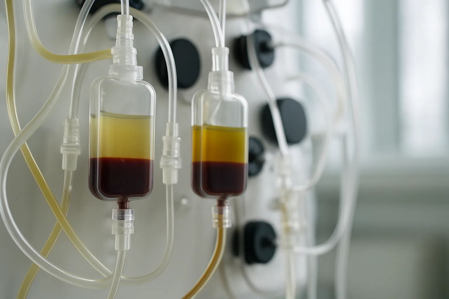 Detalhe macro do sistema de tubos e câmaras de separação de plasma em equipamento de aférese terapêutica