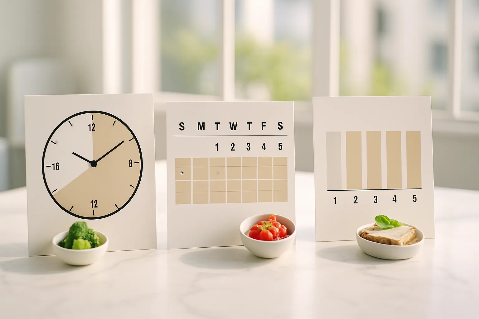 Comparação visual educativa entre jejum intermitente, jejum prolongado e dieta que imita jejum (FMD), mostrando diferenças temporais e de protocolo