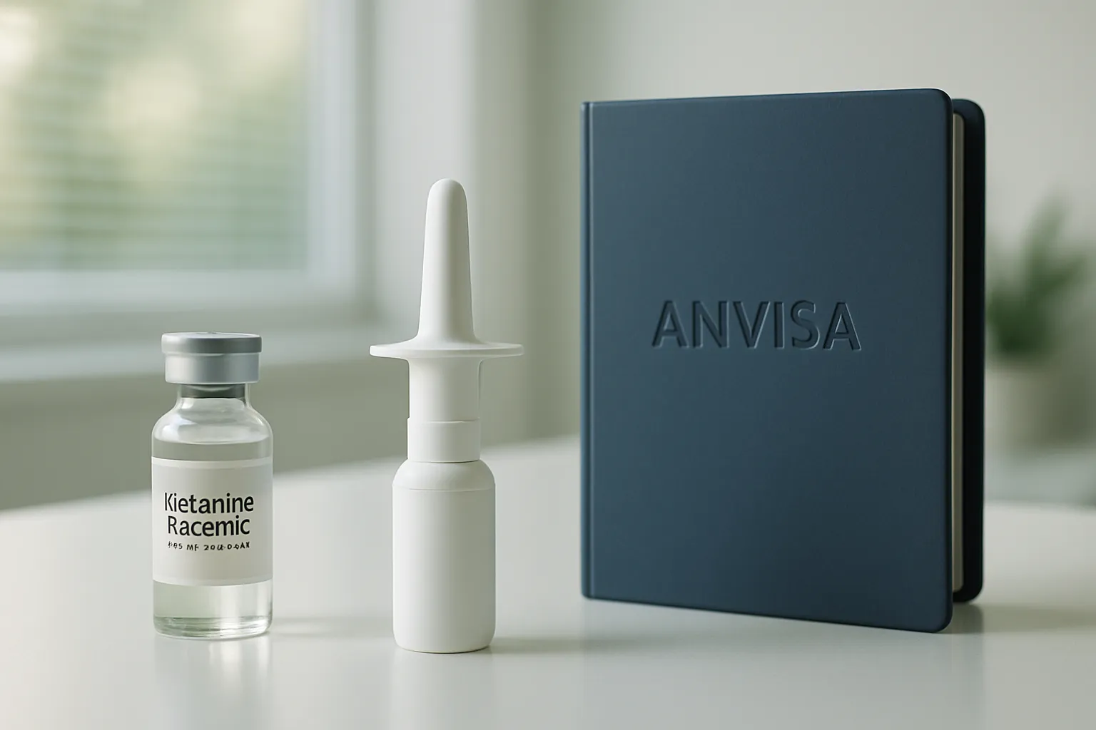 Apresentação farmacêutica mostrando as diferenças entre cetamina racêmica para uso anestésico e escetamina nasal aprovada para depressão resistente, com documentação regulatória