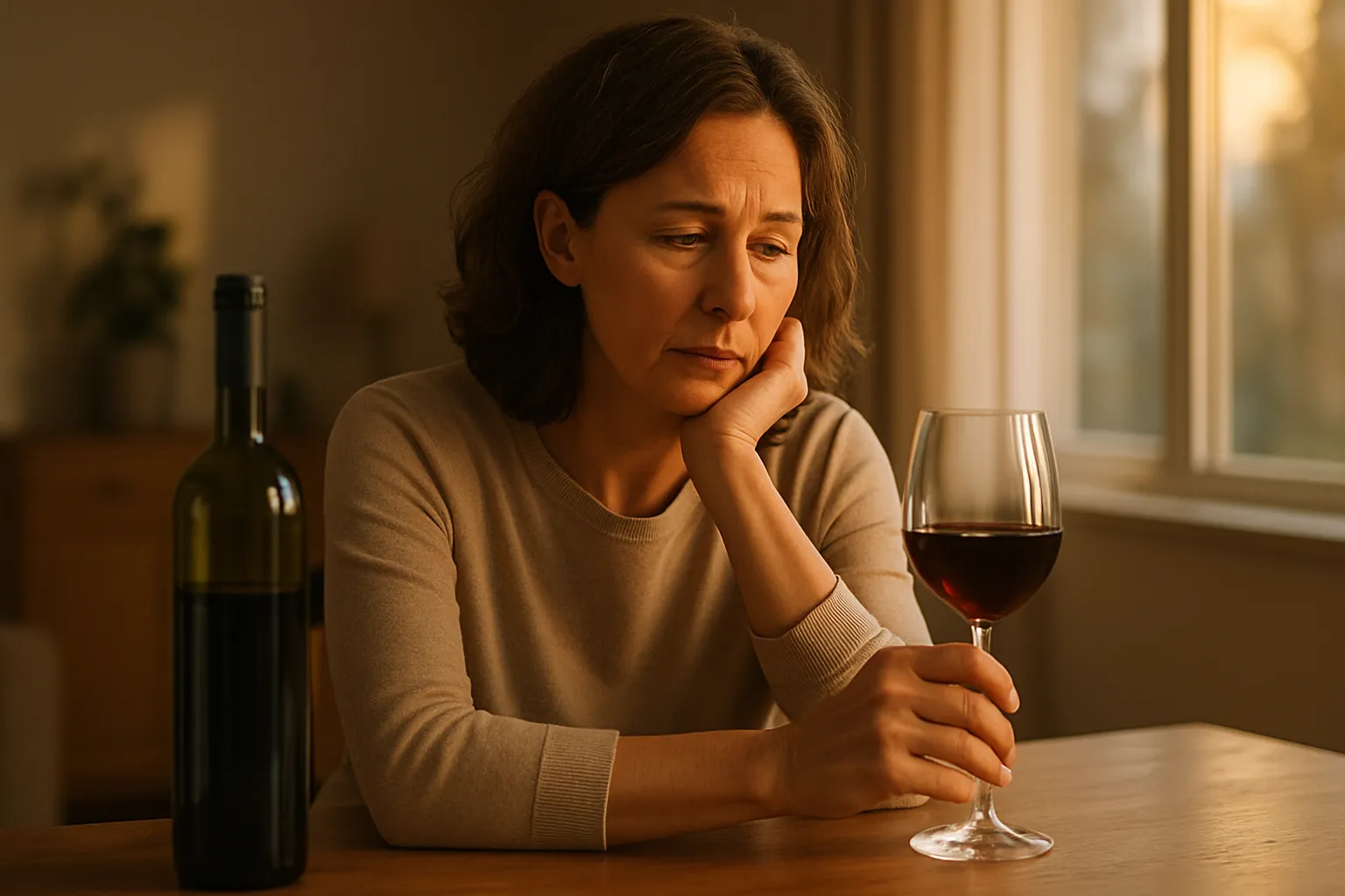 Mulher refletindo sobre consumo de vinho em casa, demonstrando dilema sobre escolhas de saúde e álcool