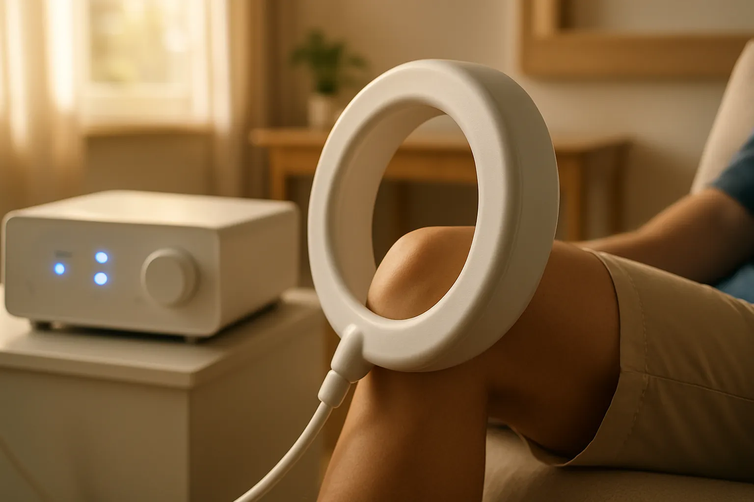 Dispositivo de terapia PEMF (campos eletromagnéticos pulsados) sendo aplicado em articulação do joelho em ambiente clínico profissional