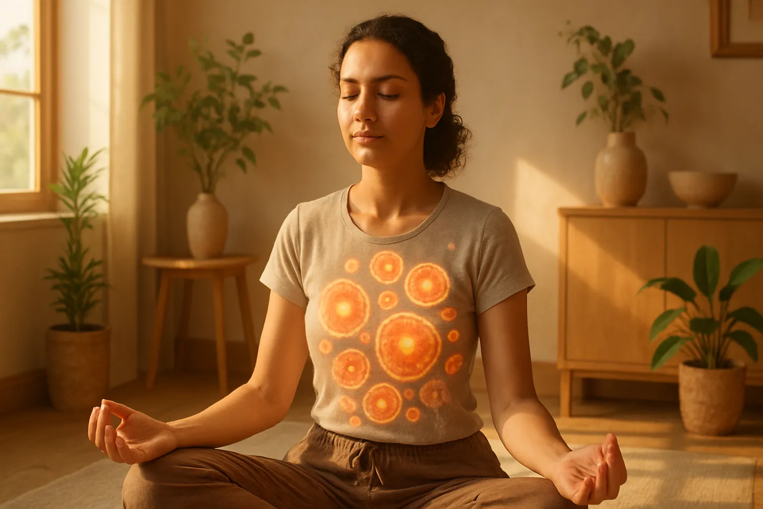 Pessoa em postura meditativa durante janela de jejum representando processo de renovação celular e autofagia