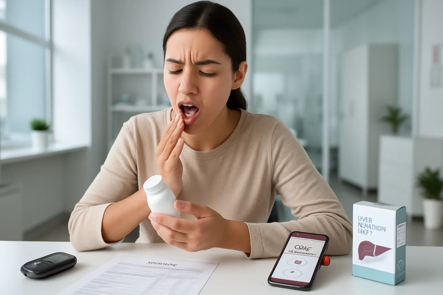 Pessoa monitorando efeitos adversos da rapamicina com dispositivo de glicemia, resultados de exames e verificador de interações medicamentosas