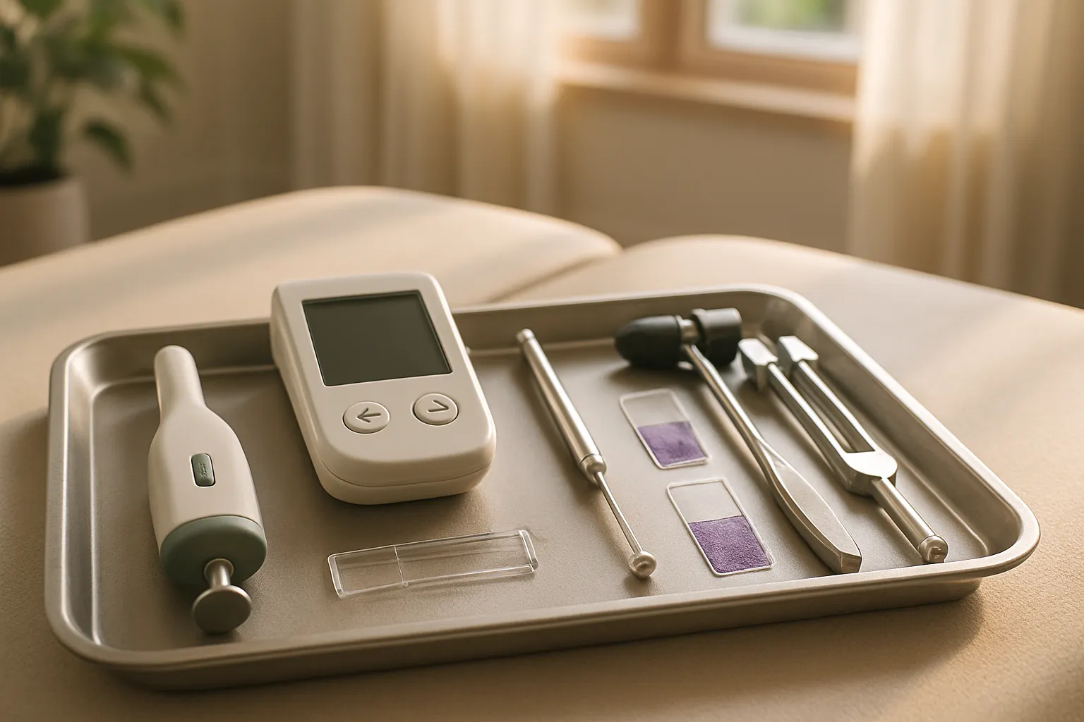 Equipamentos médicos especializados para avaliação de fibromialgia e pequenas fibras nervosas, incluindo ferramentas de biópsia e análise neurológica