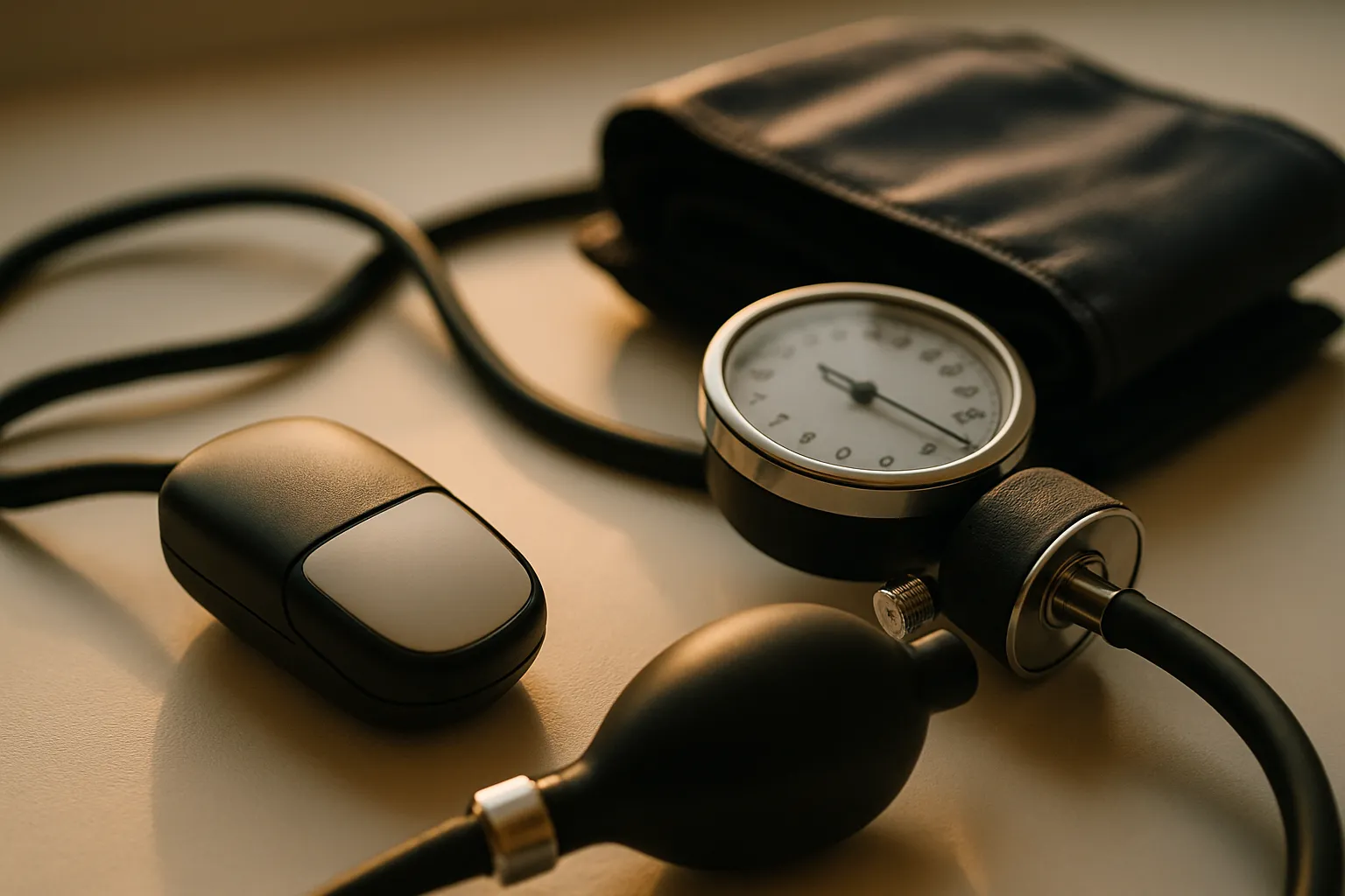 Detalhe macro de equipamentos de monitoramento de saúde cardiovascular incluindo sensor de frequência cardíaca e manguito de pressão arterial em superfície médica branca