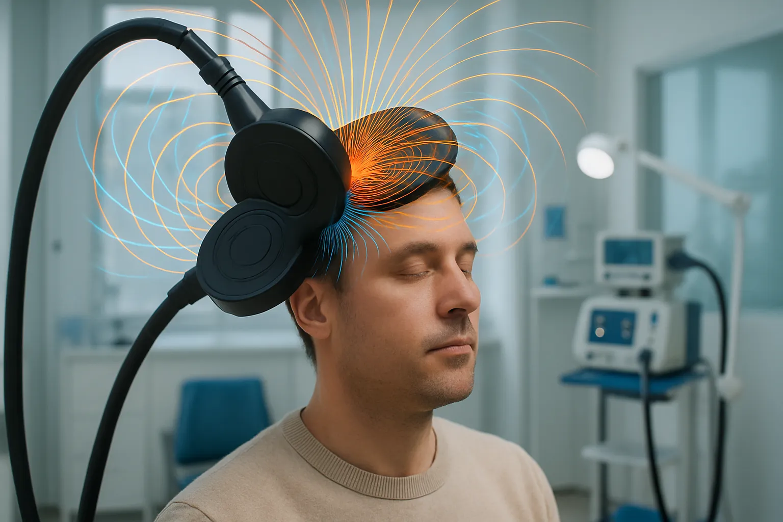 Paciente recebendo estimulação magnética transcraniana com bobina posicionada sobre a cabeça em ambiente clínico moderno