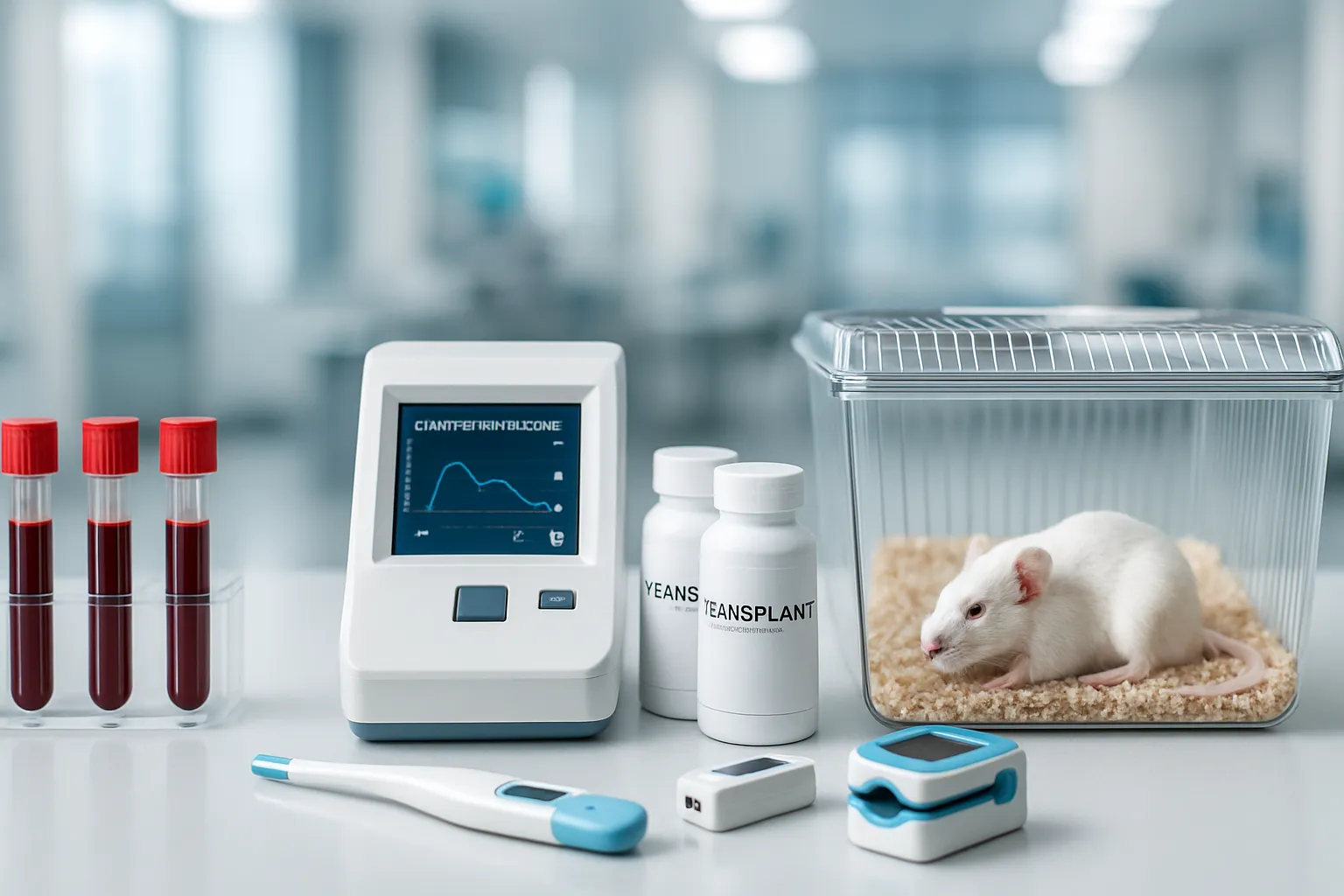 Configuração de ensaio clínico mostrando amostras humanas e pesquisa animal, equipamentos de monitoramento imunológico para estudos com rapamicina