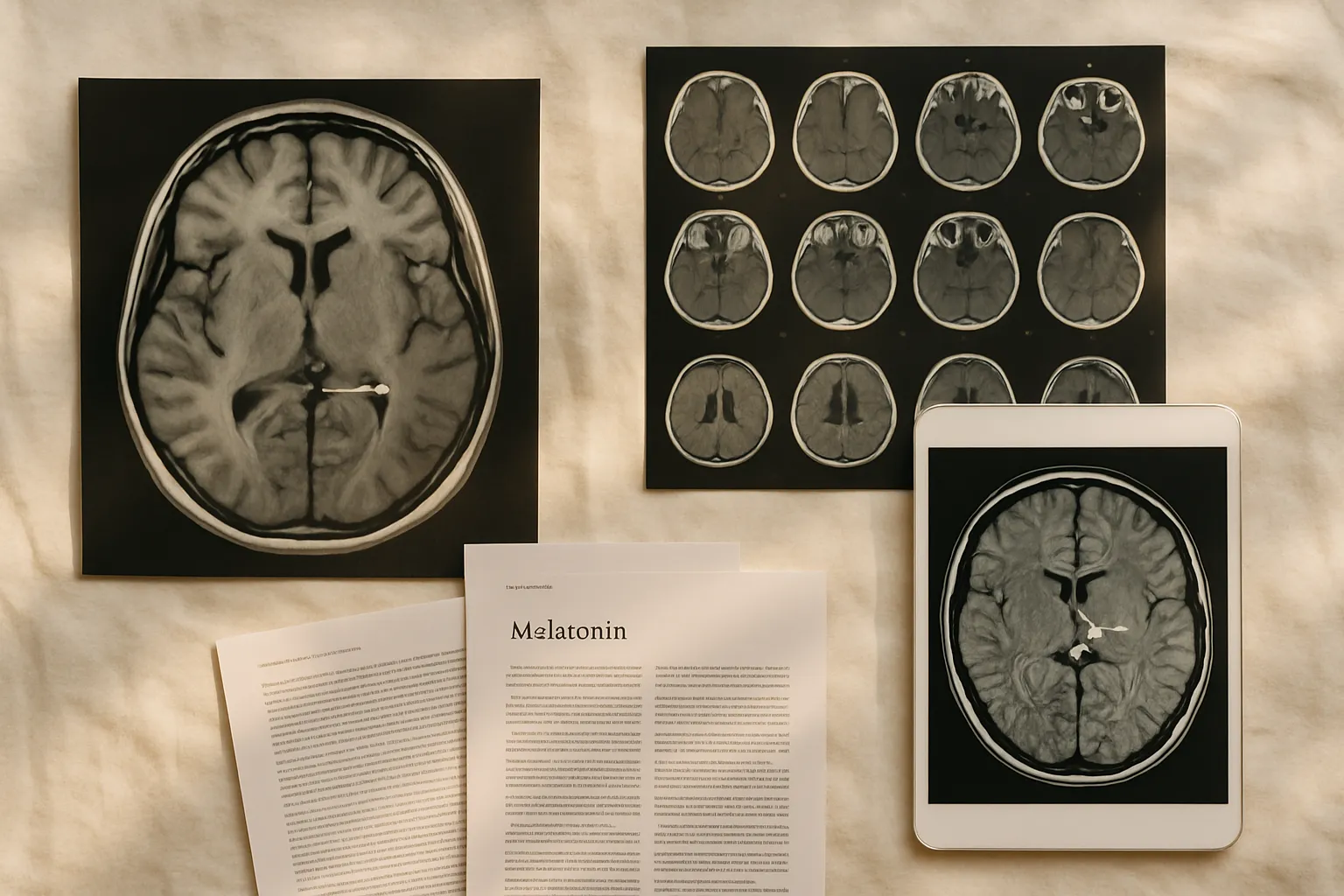 Composição organizada com exames de ressonância magnética mostrando a localização da glândula pineal, resultados de tomografia, tablet médico e materiais sobre calcificação pineal e produção de melatonina