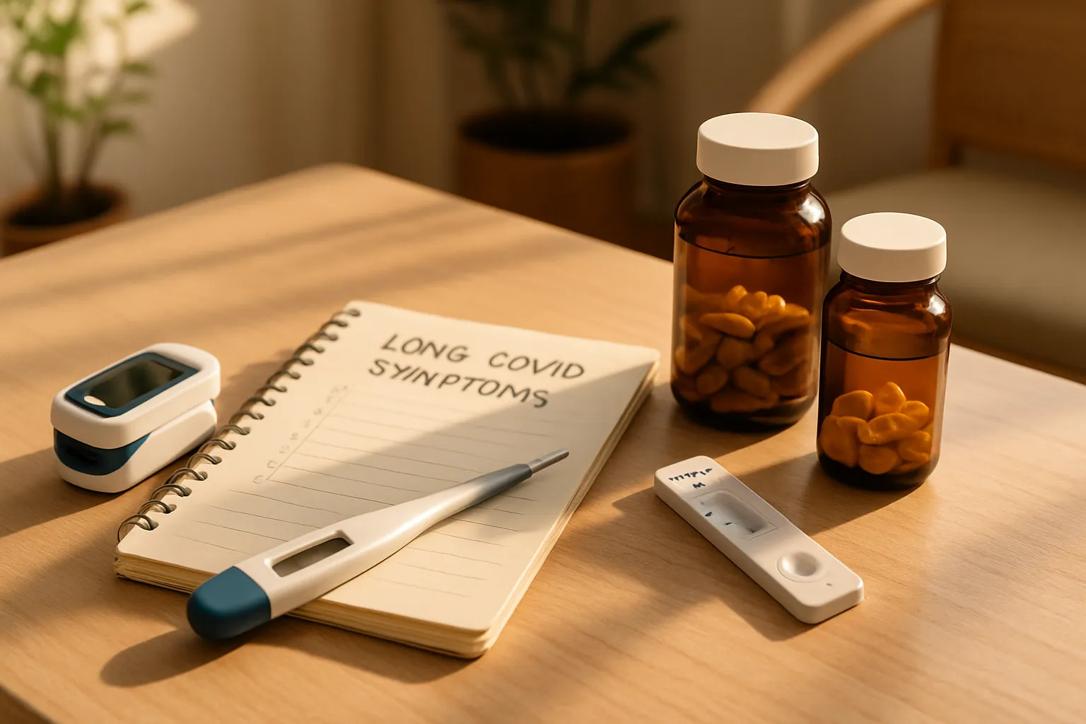 Conjunto de ferramentas médicas para investigação de Covid longa incluindo oxímetro, termômetro, diário de sintomas e testes, organizados em mesa de sala de tratamento holístico com luz natural suave