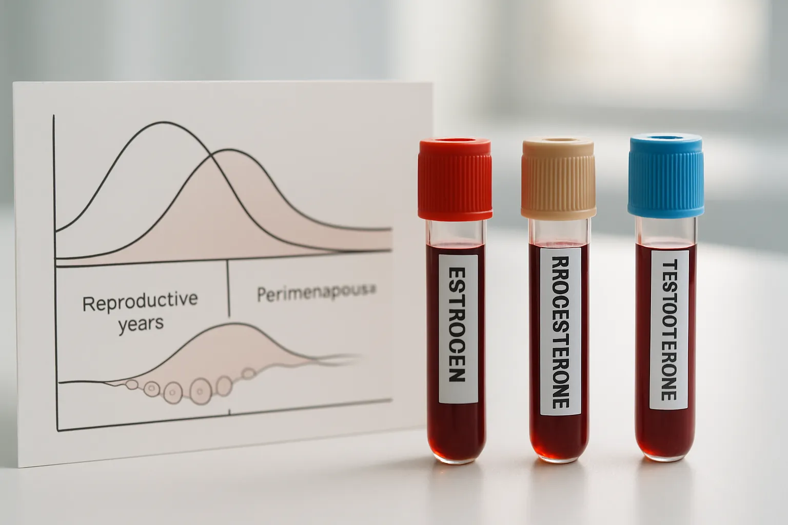 Representação visual das flutuações hormonais femininas (estrogênio, progesterona e testosterona) ao longo das diferentes fases da vida