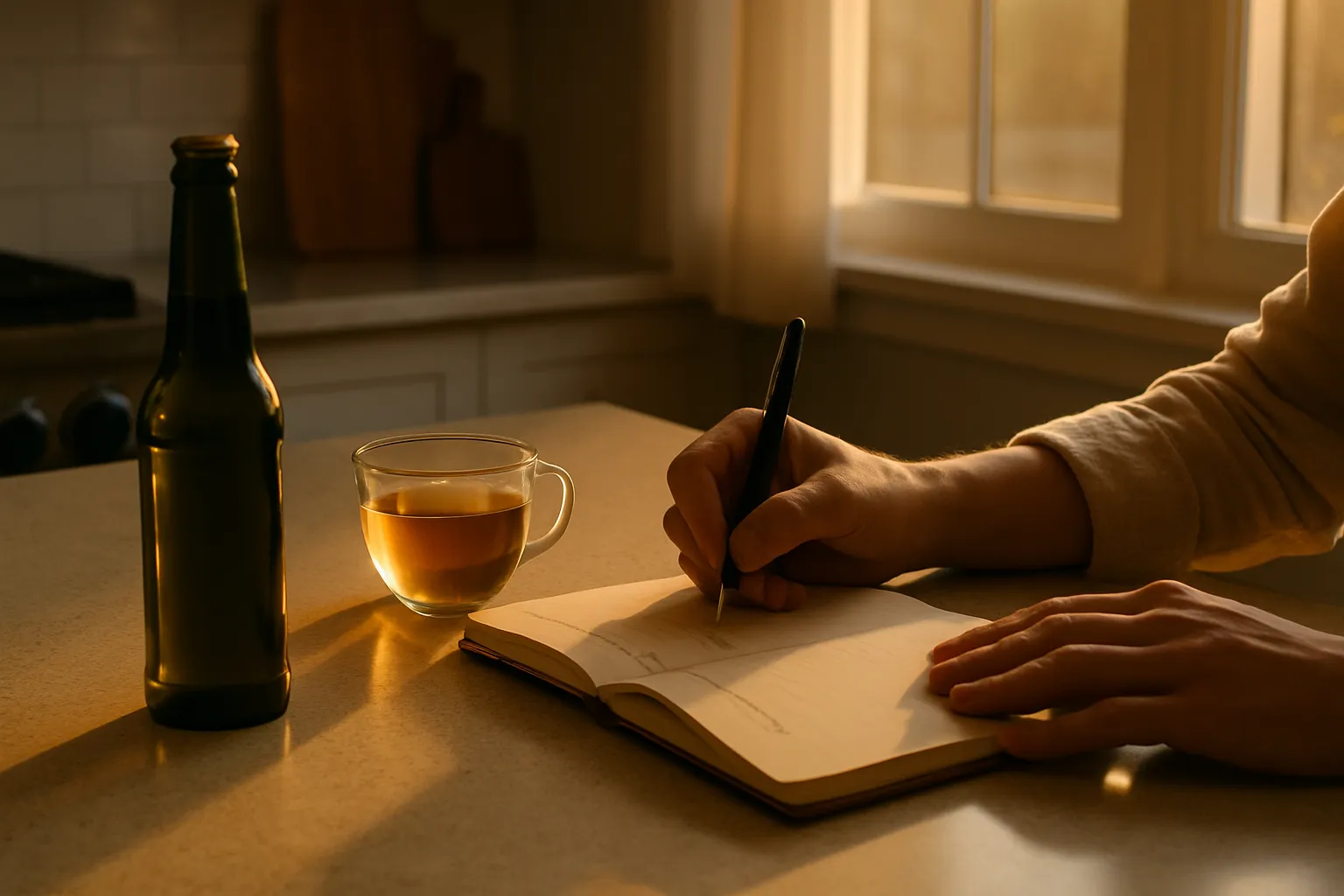 Pessoa registrando hábitos em diário wellness com bebida alcoólica de lado, demonstrando escolhas conscientes sobre consumo