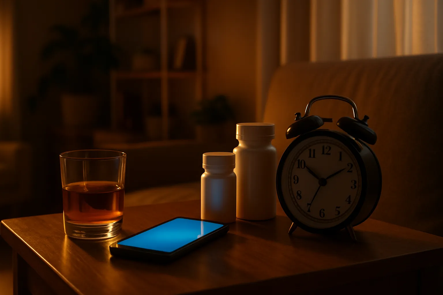 Mesa de cabeceira mostrando copo de álcool, smartphone com luz azul, frascos de medicamentos e relógio, ilustrando hábitos que interferem na arquitetura do sono