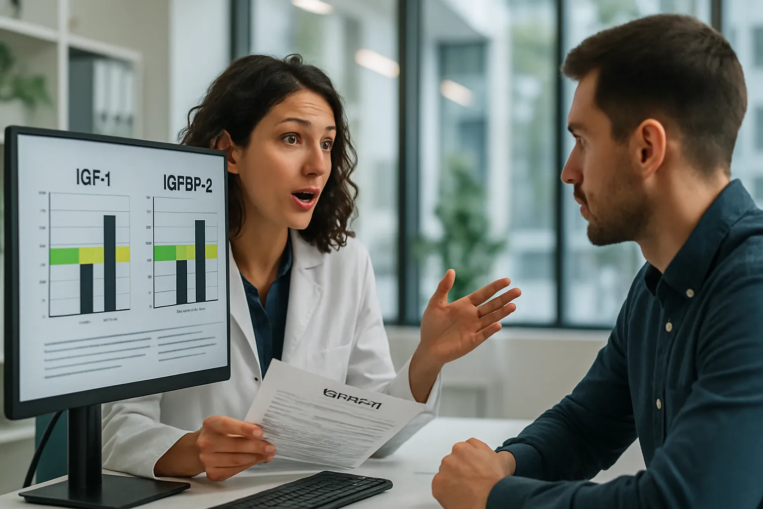 Consultor de saúde analisando resultados de exames de IGF-1 e IGFBP-3 em tela de computador, explicando marcadores hormonais em clínica contemporânea