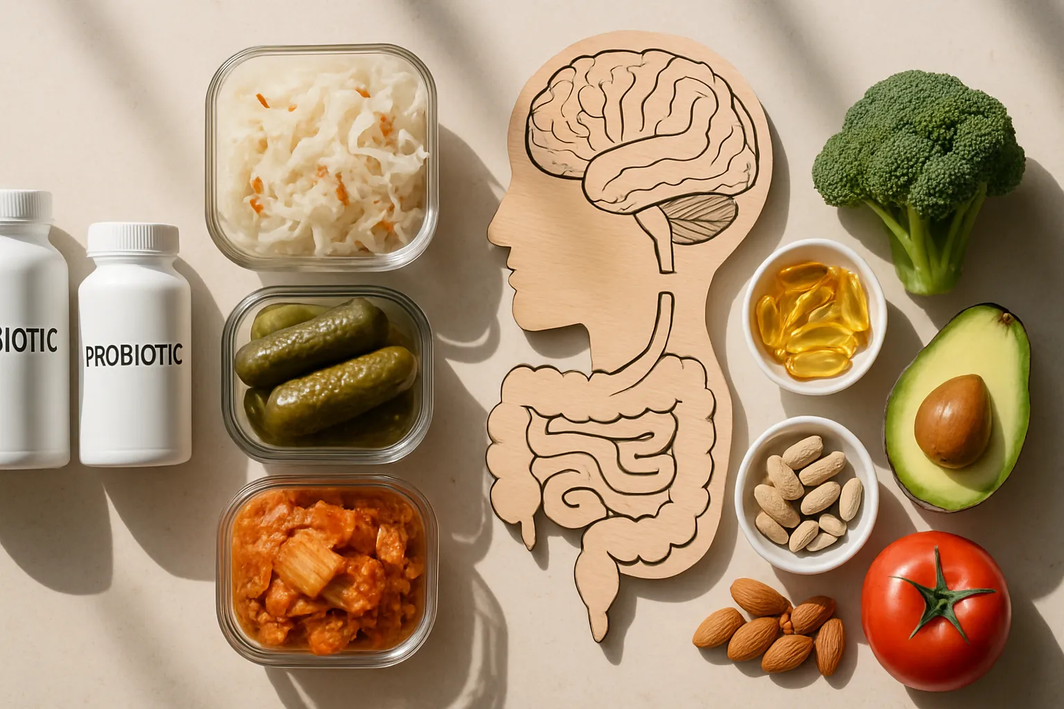 Composição organizada mostrando suplementos probióticos, alimentos fermentados e anti-inflamatórios relacionados à saúde intestinal e função cerebral