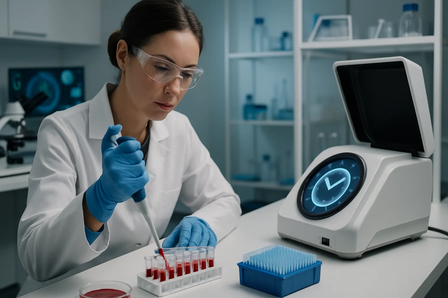 Investigação Científica em Cronobiologia Oncológica Cientista preparando amostras para análise de cronobiologia em laboratório de pesquisa oncológica, ilustrando o processo de investigação sobre ritmo circadiano e tratamento de câncer