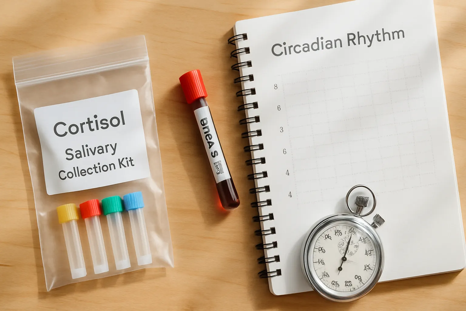 Arranjo organizado de materiais para teste hormonal incluindo kit de coleta de cortisol salivar, tubo para DHEA-S sanguíneo e diário de acompanhamento do ritmo circadiano