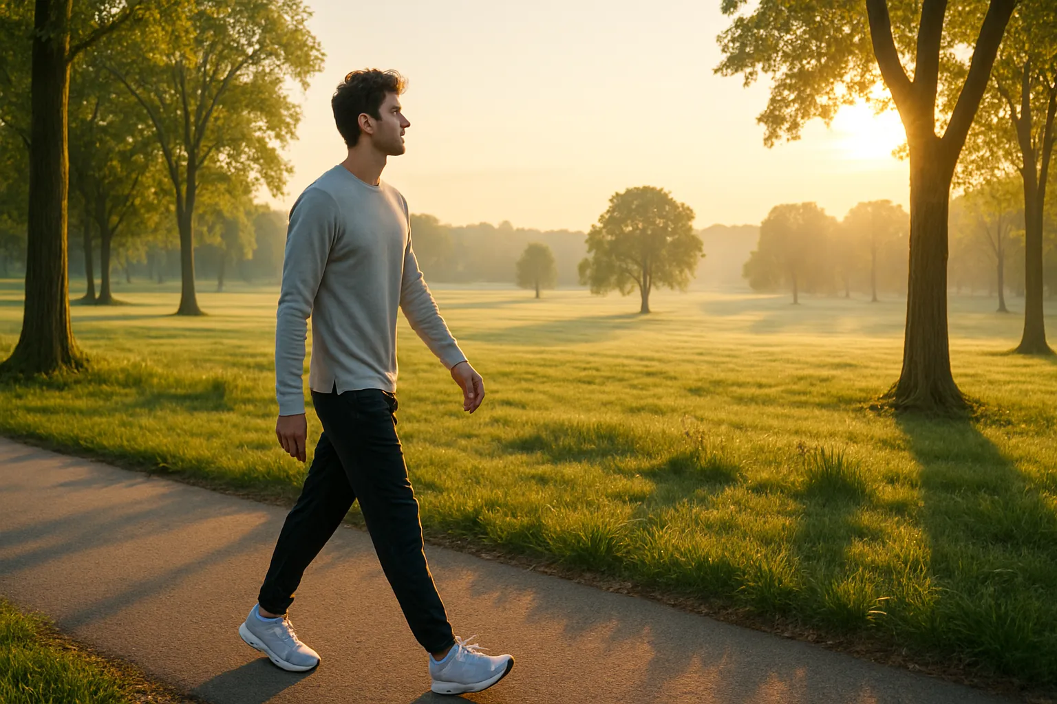 Pessoa caminhando em parque pela manhã recebendo luz ambiente natural, com olhar direcionado à paisagem, demonstrando otimização do ritmo circadiano através de atividades ao ar livre