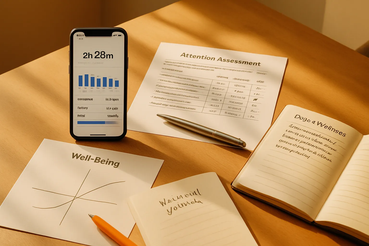 Materiais de Pesquisa Sobre Efeitos do Bloqueio Digital Configuração de pesquisa científica mostrando smartphone com aplicativo de monitoramento de tempo de tela, questionários de avaliação de atenção e ferramentas de medição de bem-estar demonstrando benefícios mensuráveis de pausas digitais