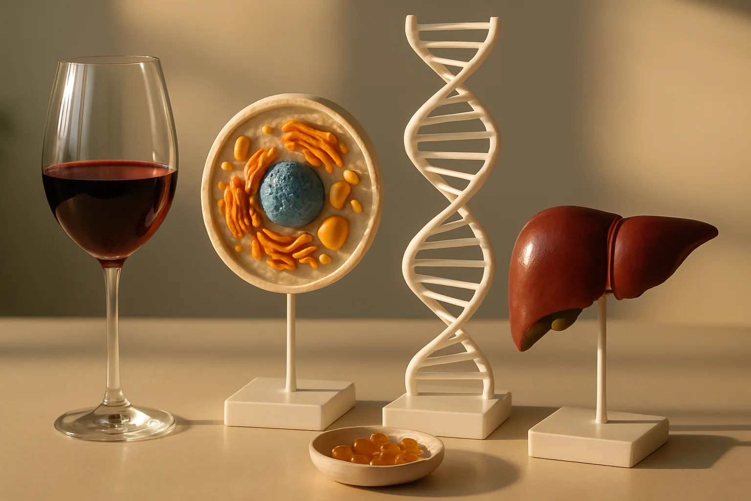 Representação educativa do metabolismo do álcool mostrando vinho, modelo de DNA e fígado ilustrando processos celulares
