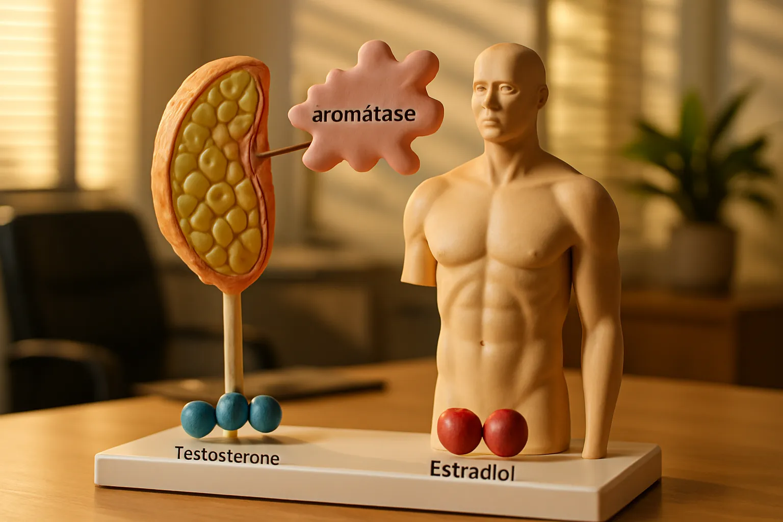 Modelo anatômico educativo demonstrando o processo de conversão da testosterona em estradiol pela enzima aromatase no tecido adiposo masculino