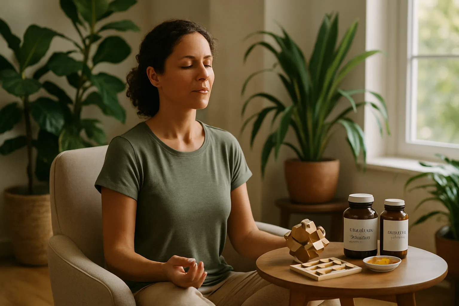 Pessoa realizando atividades que promovem plasticidade cerebral em ambiente terapêutico, incluindo meditação e suplementação para saúde mental, demonstrando abordagem integrativa