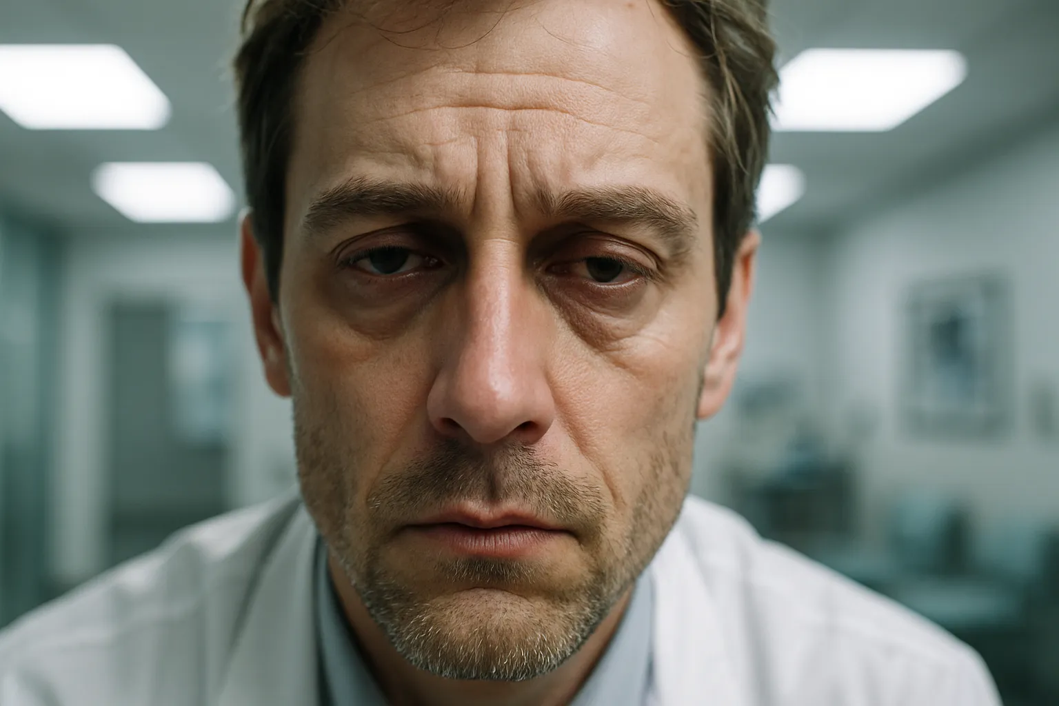 Close-up de rosto mostrando sinais visíveis de exaustão mental crônica e dificuldades cognitivas associadas ao burnout