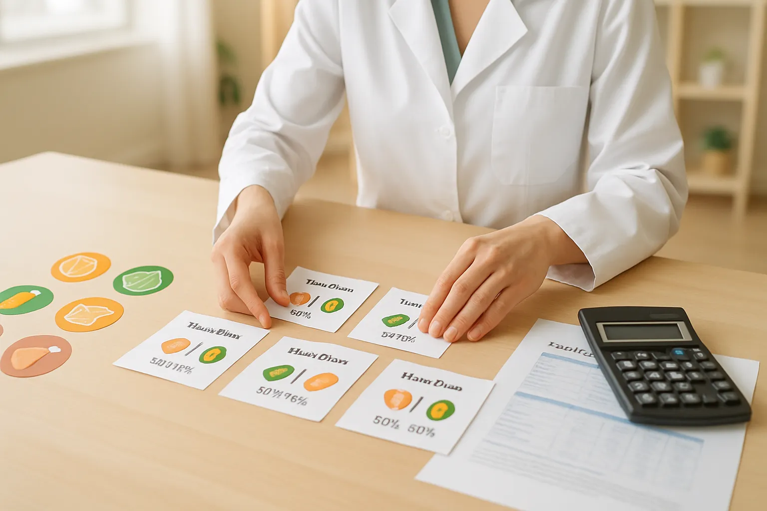 Nutricionista organizando plano alimentar personalizado com diferentes distribuições de macronutrientes em mesa de consultório