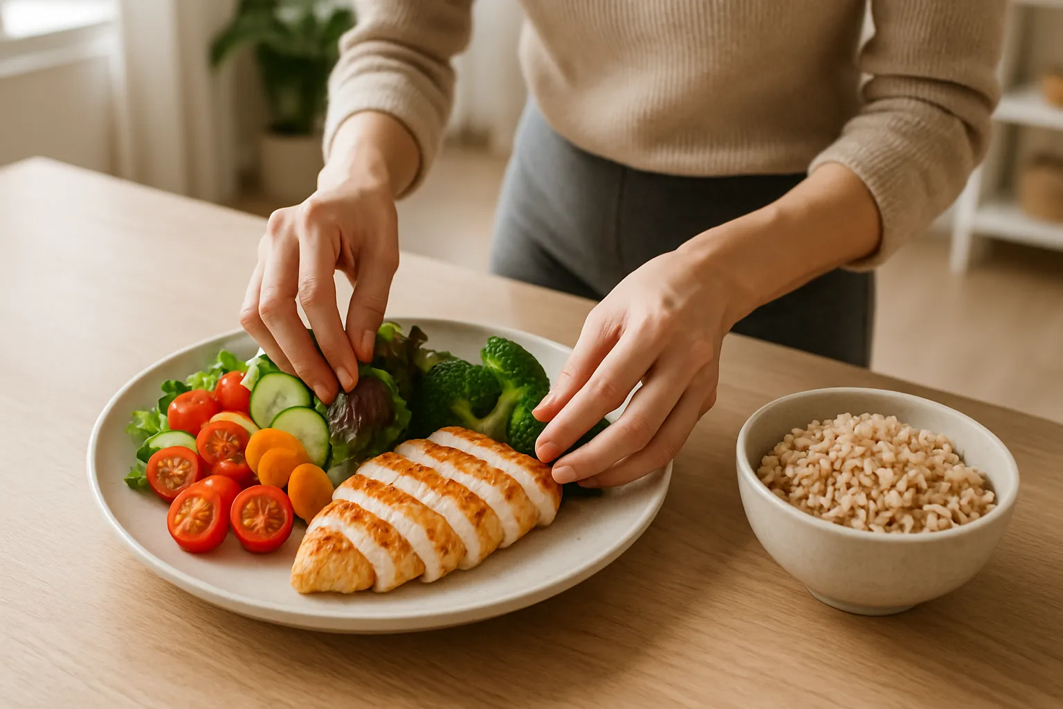 Pessoa preparando refeição saudável seguindo ordem estratégica dos alimentos, colocando vegetais e proteínas primeiro no prato antes dos carboidratos