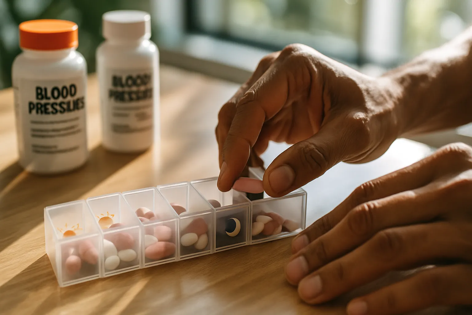 Mãos organizando medicamentos anti-hipertensivos em compartimentos de manhã e noite de um organizador semanal, demonstrando a escolha do horário ideal para tomar a medicação