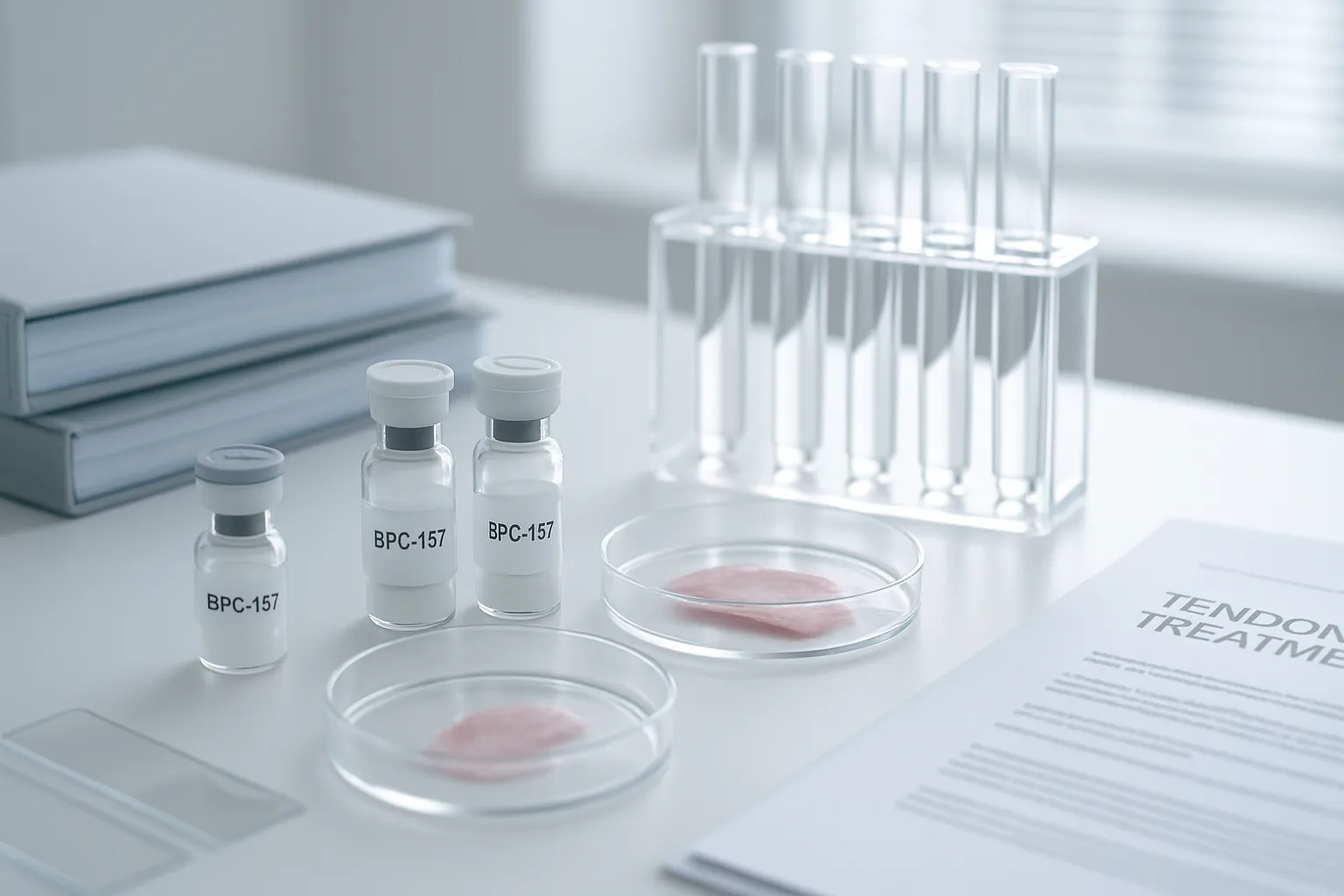 Materiais de pesquisa científica sobre peptídeos para tratamento de lesões em tendões, incluindo frascos e equipamentos de laboratório
