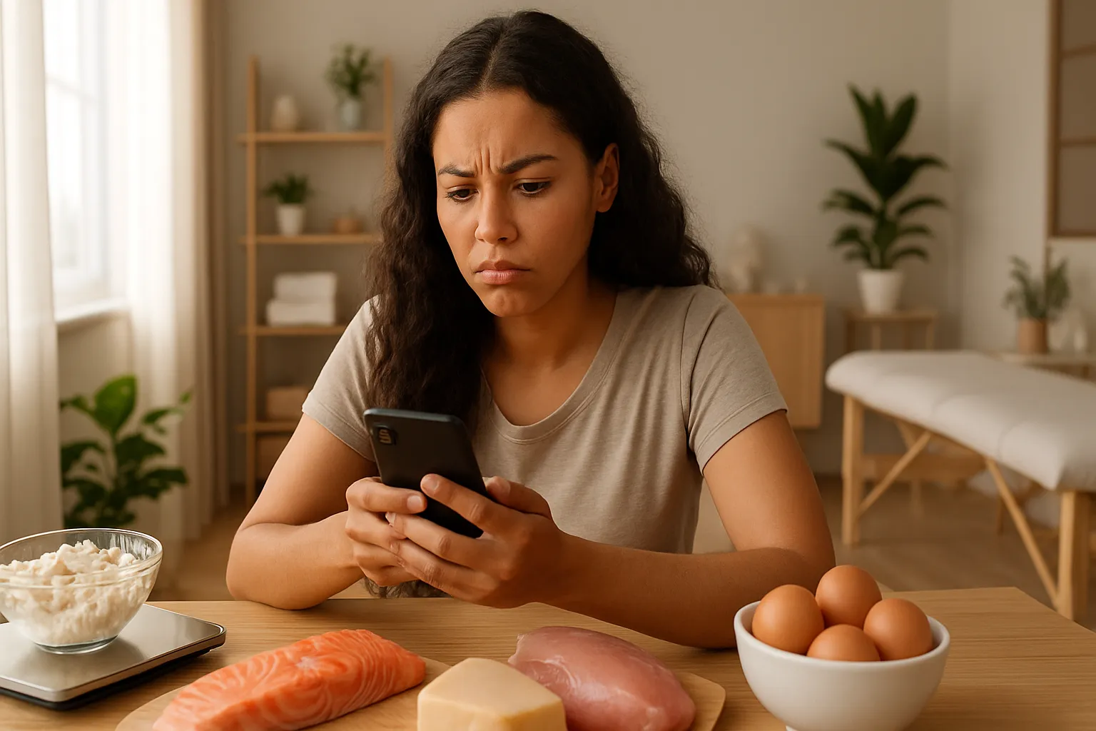 Mulher confusa calculando necessidade de proteína com aplicativo e balança de alimentos na cozinha