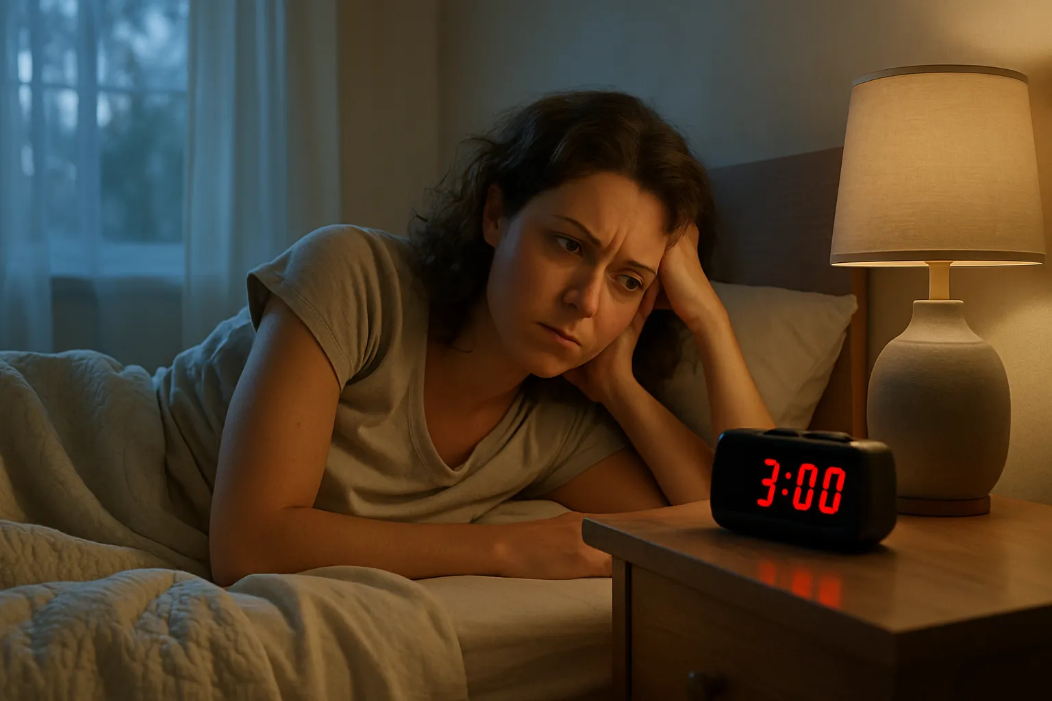 Mulher deitada na cama às 3 da manhã, acordada e frustrada olhando para o relógio, representando insônia e problemas com o ciclo do sono relacionados à função da glândula pineal