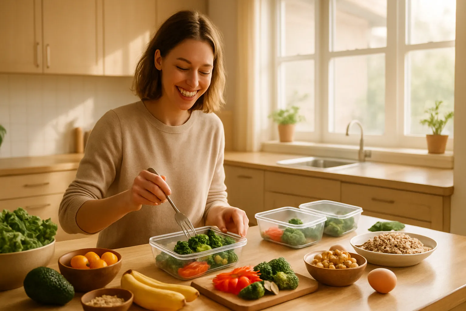 Pessoa preparando refeição equilibrada em casa, mostrando rotina alimentar sustentável e realista no dia a dia