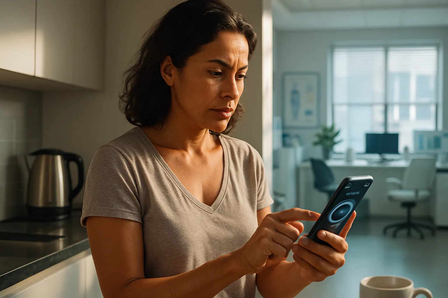 Mulher verificando aplicativo de controle de jejum intermitente durante sua rotina matinal, representando a prática consciente de protocolos metabólicos