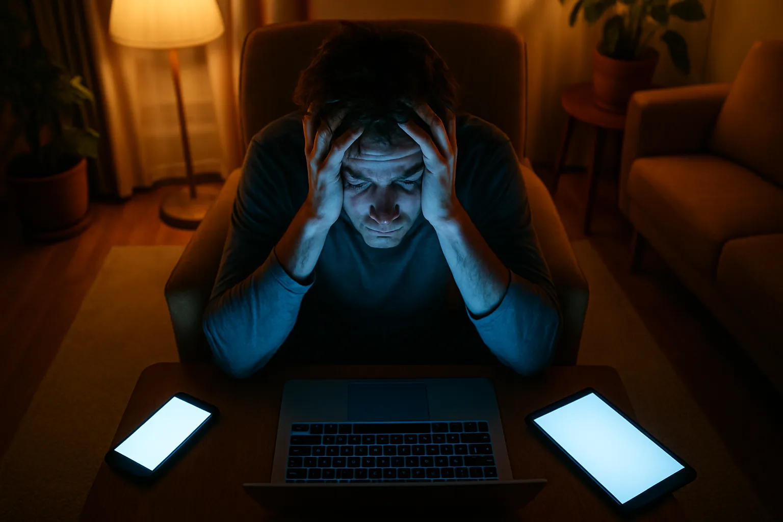 Pessoa exausta cercada por múltiplas telas brilhantes à noite, mostrando comportamento compulsivo de checagem digital e fadiga mental causada pelo uso excessivo de dispositivos eletrônicos