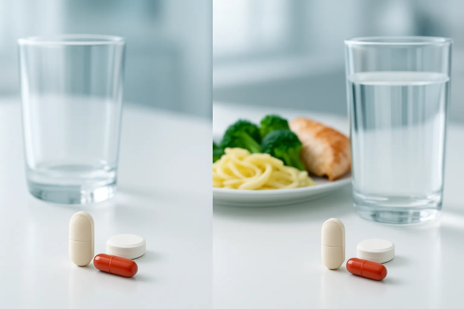 Absorção Medicamento-Alimento Comparação visual mostrando medicamentos com e sem alimentos para demonstrar efeitos na absorção