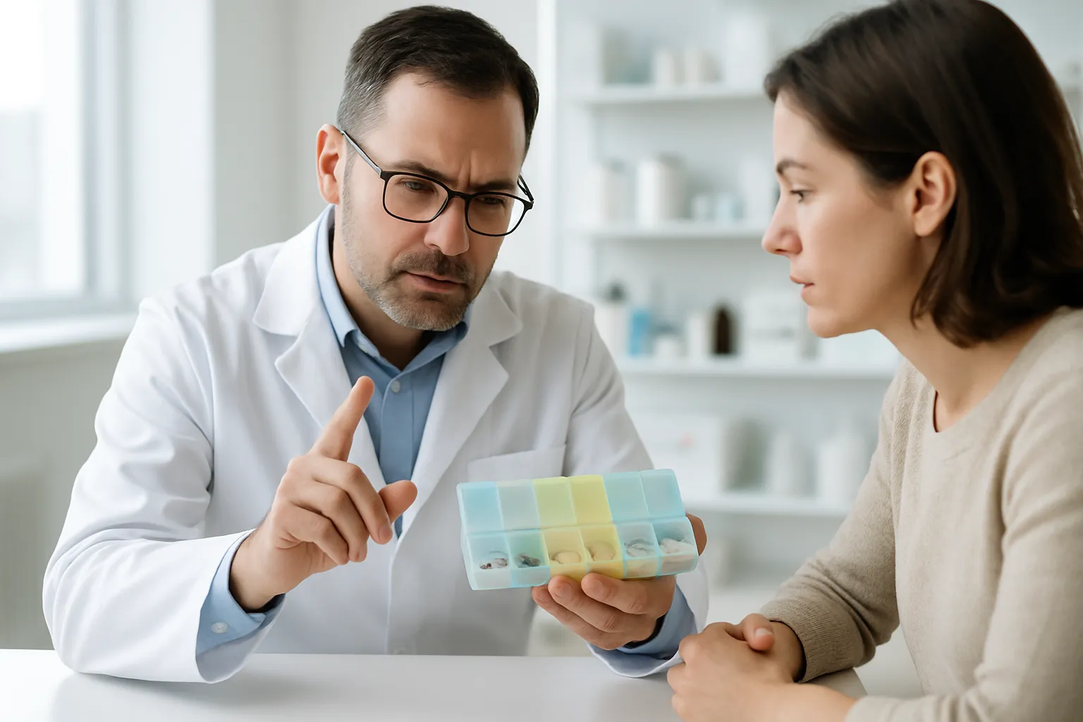 Farmacêutico orientando paciente sobre horários corretos de medicação com organizador de comprimidos