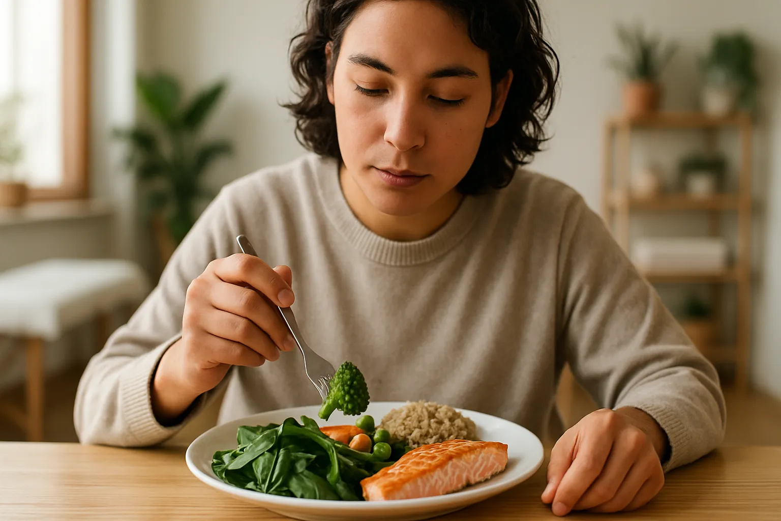 Paciente jovem praticando estratégia de ordem alimentar durante refeição equilibrada, começando pelos vegetais e proteínas