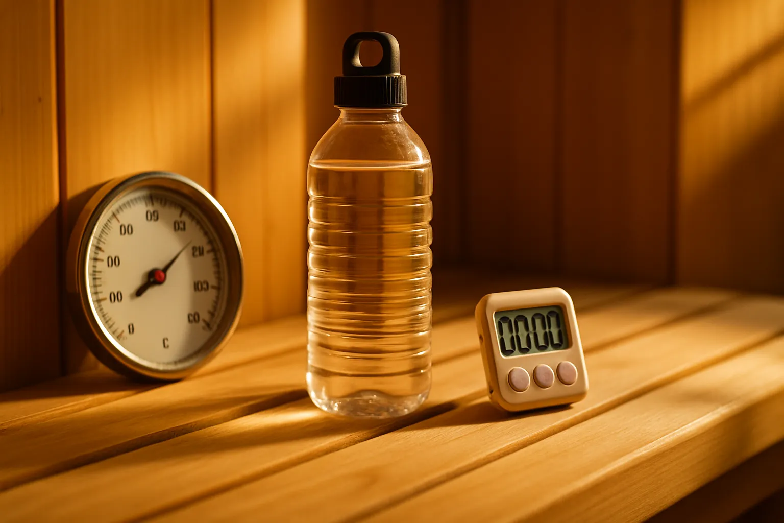 Close-up de preparação para protocolo seguro de sauna mostrando medidor de temperatura, garrafa de água para hidratação e temporizador posicionados em banco de madeira