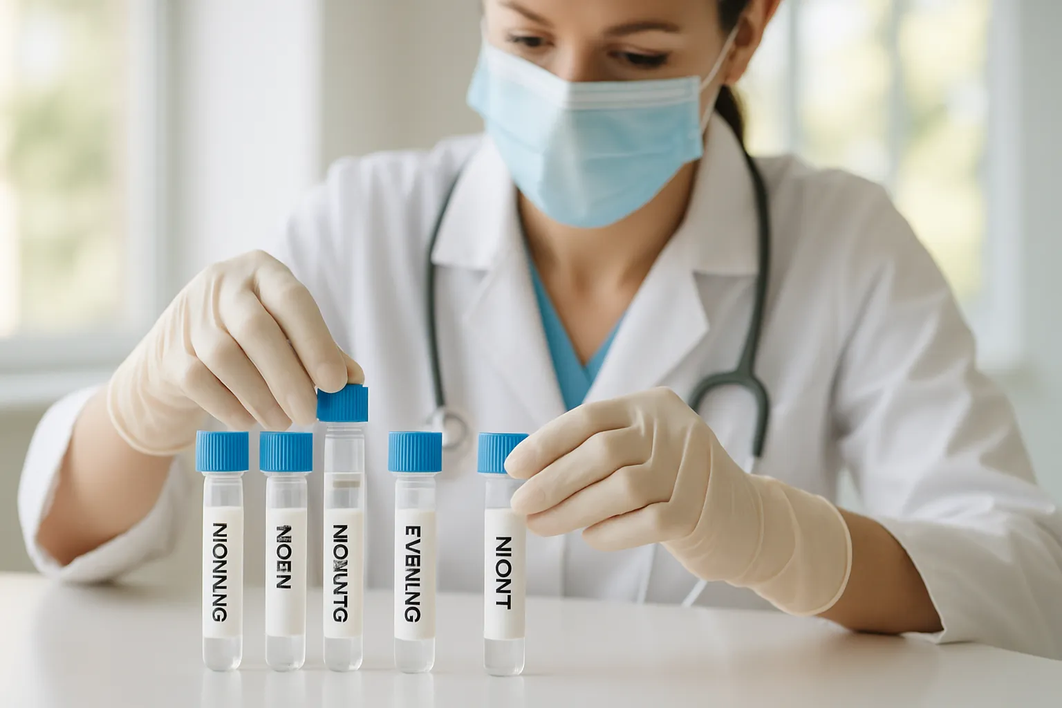 Profissional de saúde preparando tubos de coleta de saliva para teste de ritmo circadiano de cortisol, demonstrando o processo de avaliação hormonal ao longo do dia