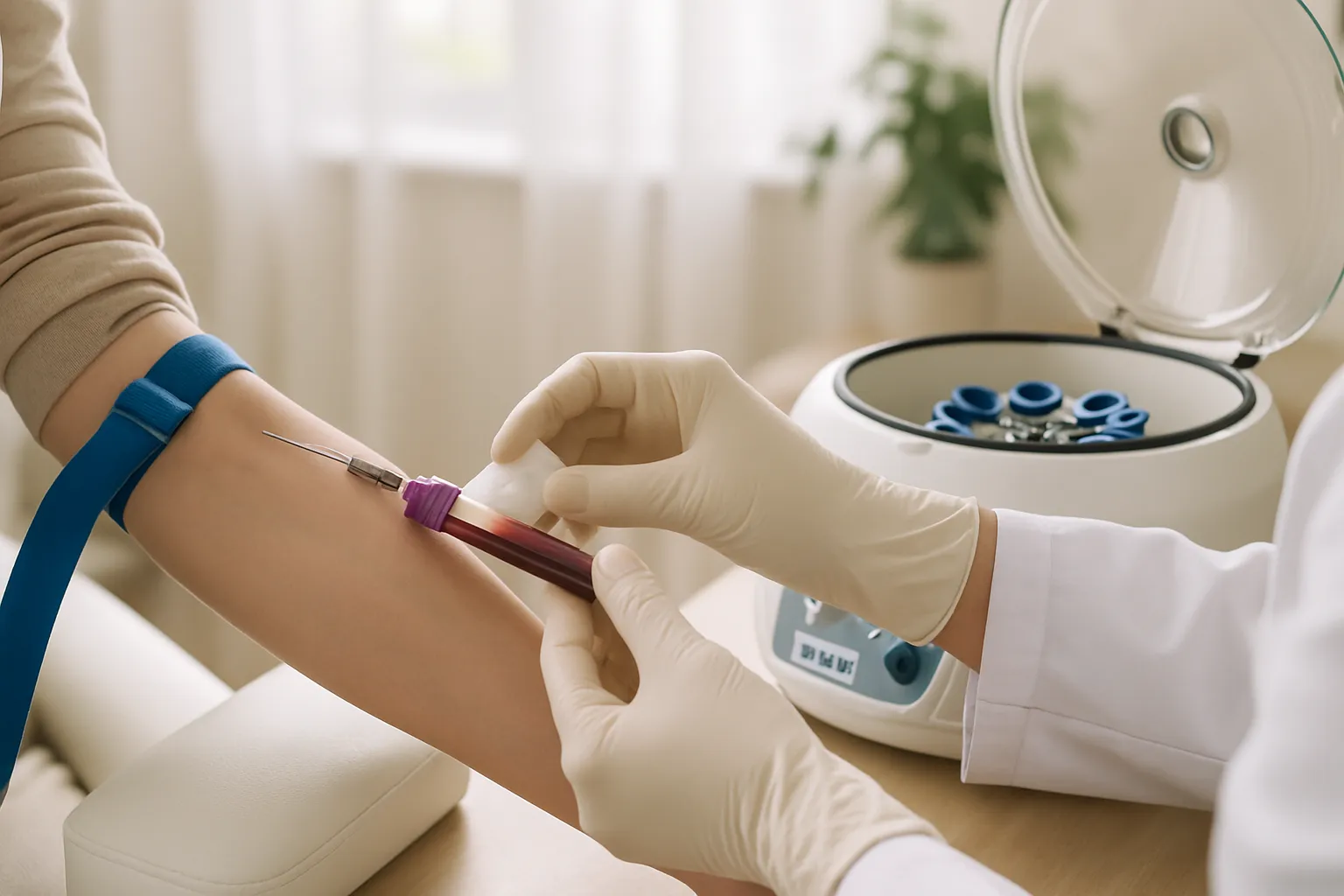 Procedimento de coleta de sangue para preparação de PRP mostrando técnica estéril e protocolos de segurança do procedimento invasivo