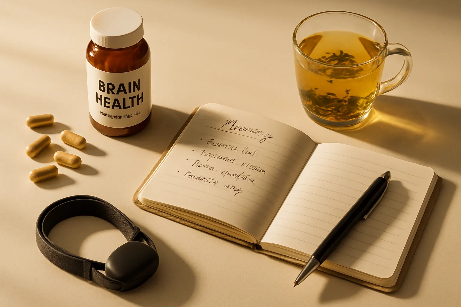 Composição flat lay com suplementos para saúde cerebral, diário de memórias, dispositivo de rastreamento de sono e chá relaxante, representando o processo de consolidação de memórias